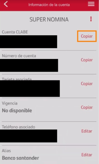 paso 4 para obtener la CLABE interbancaria Santander desde la aplicación